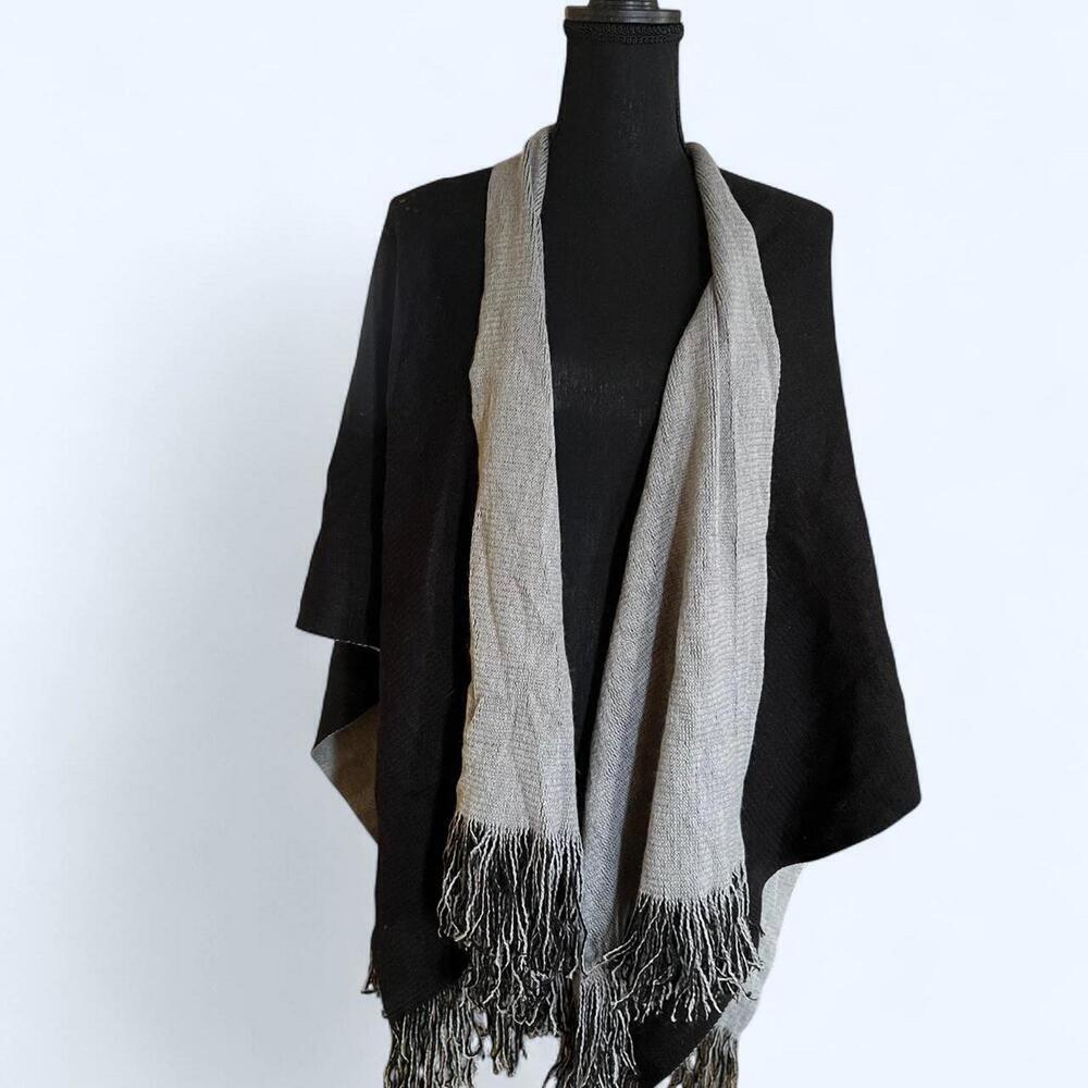 Grey and black vintage fringed shawl with a boho vibe